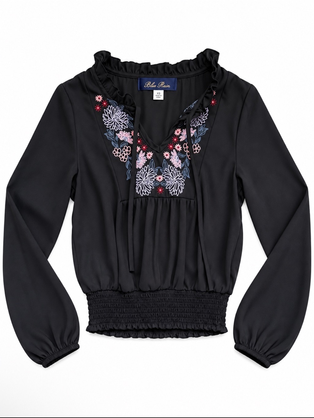 Blue Rain Women’s XS Black Floral Embroidered Ruffle Tie-Neck Blouse